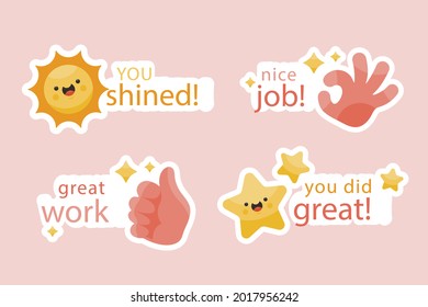 Job and great job stickers logo. School reward, encouragement sign, stamp. Student icon. Success, congrats, excellent work label. Awesome homework, well done. Educational kids design. Vector art. 