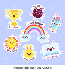 Job and great job stickers logo. School reward, encouragement sign, stamp. Student icon. Success, congrats, excellent work label. Awesome homework, well done. Educational kids design. Vector art. 