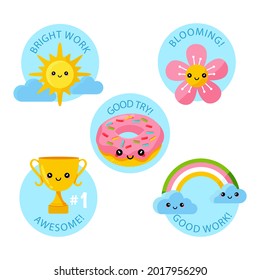 Job and great job stickers logo. School reward, encouragement sign, stamp. Student icon. Success, congrats, excellent work label. Awesome homework, well done. Educational kids design. Vector art. 