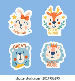 Job and great job stickers logo. School reward, encouragement sign, stamp. Student icon. Success, congrats, excellent work label. Awesome homework, well done. Educational kids design. Vector art. 