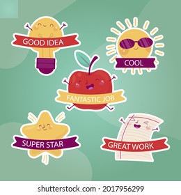 Job and great job stickers logo. School reward, encouragement sign, stamp. Student icon. Success, congrats, excellent work label. Awesome homework, well done. Educational kids design. Vector art. 