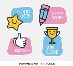 Job and great job stickers logo. School reward, encouragement sign, stamp. Student icon. Success, congrats, excellent work label. Awesome homework, well done. Educational kids design. Vector art. 