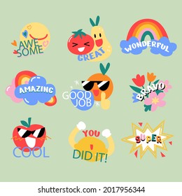 Job and great job stickers logo. School reward, encouragement sign, stamp. Student icon. Success, congrats, excellent work label. Awesome homework, well done. Educational kids design. Vector art. 