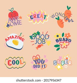 Job and great job stickers logo. School reward, encouragement sign, stamp. Student icon. Success, congrats, excellent work label. Awesome homework, well done. Educational kids design. Vector art. 