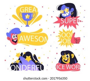 Job and great job stickers logo. School reward, encouragement sign, stamp. Student icon. Success, congrats, excellent work label. Awesome homework, well done. Educational kids design. Vector art. 