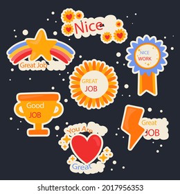 Job and great job stickers logo. School reward, encouragement sign, stamp. Student icon. Success, congrats, excellent work label. Awesome homework, well done. Educational kids design. Vector art. 