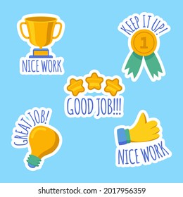 Job and great job stickers logo. School reward, encouragement sign, stamp. Student icon. Success, congrats, excellent work label. Awesome homework, well done. Educational kids design. Vector art. 