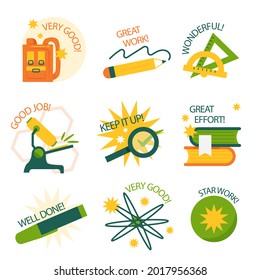 Job and great job stickers logo. School reward, encouragement sign, stamp. Student icon. Success, congrats, excellent work label. Awesome homework, well done. Educational kids design. Vector art. 