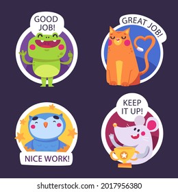 Job and great job stickers logo. School reward, encouragement sign, stamp. Student icon. Success, congrats, excellent work label. Awesome homework, well done. Educational kids design. Vector art. 