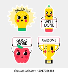 Job and great job stickers logo. School reward, encouragement sign, stamp. Student icon. Success, congrats, excellent work label. Awesome homework, well done. Educational kids design. Vector art. 