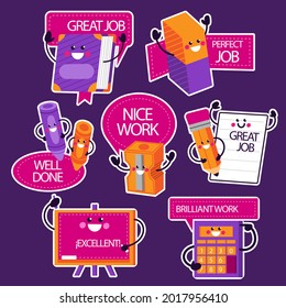 Job and great job stickers logo. School reward, encouragement sign, stamp. Student icon. Success, congrats, excellent work label. Awesome homework, well done. Educational kids design. Vector art. 