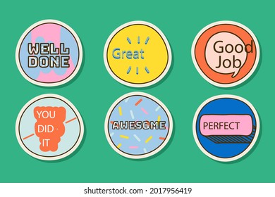 Job and great job stickers logo. School reward, encouragement sign, stamp. Student icon. Success, congrats, excellent work label. Awesome homework, well done. Educational kids design. Vector art. 