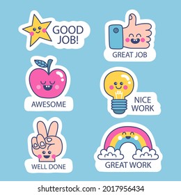 Job And Great Job Stickers Logo. School Reward, Encouragement Sign, Stamp. Student Icon. Success, Congrats, Excellent Work Label. Awesome Homework, Well Done. Educational Kids Design. Vector Art. 