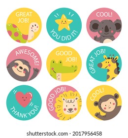 Job and great job stickers logo. School reward, encouragement sign, stamp. Student icon. Success, congrats, excellent work label. Awesome homework, well done. Educational kids design. Vector art. 