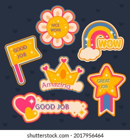 Job and great job stickers logo. School reward, encouragement sign, stamp. Student icon. Success, congrats, excellent work label. Awesome homework, well done. Educational kids design. Vector art. 