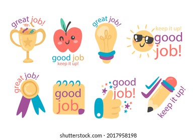 Job and great job stickers logo. School reward, encouragement sign, stamp. Student icon. Success, congrats, excellent work label. Awesome homework, well done. Educational kids design. Vector art. 