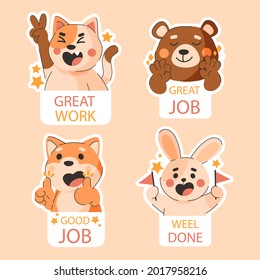 Job and great job stickers logo. School reward, encouragement sign, stamp. Student icon. Success, congrats, excellent work label. Awesome homework, well done. Educational kids design. Vector art. 