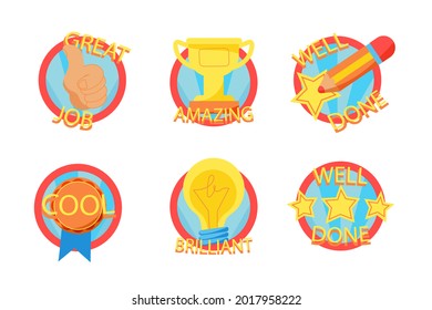 Job and great job stickers logo. School reward, encouragement sign, stamp. Student icon. Success, congrats, excellent work label. Awesome homework, well done. Educational kids design. Vector art. 