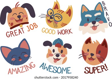 Job and great job stickers logo. School reward, encouragement sign, stamp. Student icon. Success, congrats, excellent work label. Awesome homework, well done. Educational kids design. Vector art. 