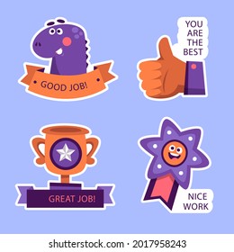 Job and great job stickers logo. School reward, encouragement sign, stamp. Student icon. Success, congrats, excellent work label. Awesome homework, well done. Educational kids design. Vector art. 