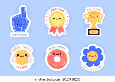 Job and great job stickers logo. School reward, encouragement sign, stamp. Student icon. Success, congrats, excellent work label. Awesome homework, well done. Educational kids design. Vector art. 