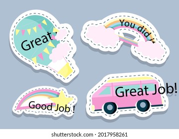 Job and great job stickers logo. School reward, encouragement sign, stamp. Student icon. Success, congrats, excellent work label. Awesome homework, well done. Educational kids design. Vector art. 