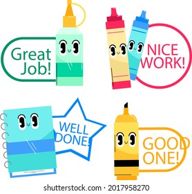 Job and great job stickers logo. School reward, encouragement sign, stamp. Student icon. Success, congrats, excellent work label. Awesome homework, well done. Educational kids design. Vector art. 