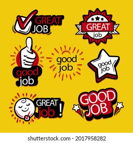 Job and great job stickers logo. School reward, encouragement sign, stamp. Student icon. Success, congrats, excellent work label. Awesome homework, well done. Educational kids design. Vector art. 