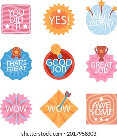 Job and great job stickers logo. School reward, encouragement sign, stamp. Student icon. Success, congrats, excellent work label. Awesome homework, well done. Educational kids design. Vector art. 