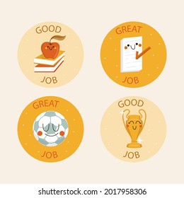 Job and great job stickers logo. School reward, encouragement sign, stamp. Student icon. Success, congrats, excellent work label. Awesome homework, well done. Educational kids design. Vector art. 