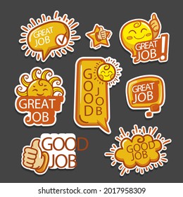 Job and great job stickers logo. School reward, encouragement sign, stamp. Student icon. Success, congrats, excellent work label. Awesome homework, well done. Educational kids design. Vector art. 