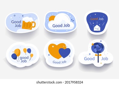 Job and great job stickers logo. School reward, encouragement sign, stamp. Student icon. Success, congrats, excellent work label. Awesome homework, well done. Educational kids design. Vector art. 