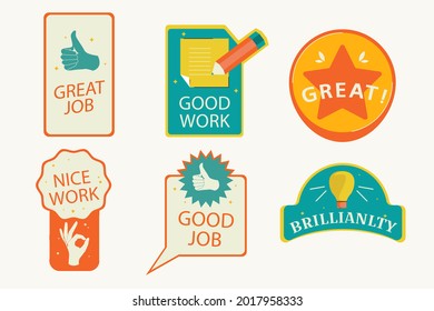 Job and great job stickers logo. School reward, encouragement sign, stamp. Student icon. Success, congrats, excellent work label. Awesome homework, well done. Educational kids design. Vector art. 