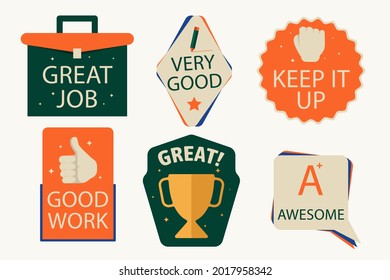 Job and great job stickers logo. School reward, encouragement sign, stamp. Student icon. Success, congrats, excellent work label. Awesome homework, well done. Educational kids design. Vector art. 