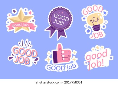 Job and great job stickers logo. School reward, encouragement sign, stamp. Student icon. Success, congrats, excellent work label. Awesome homework, well done. Educational kids design. Vector art. 