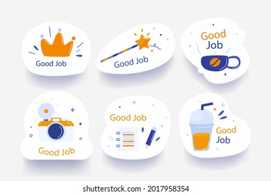 Job and great job stickers logo. School reward, encouragement sign, stamp. Student icon. Success, congrats, excellent work label. Awesome homework, well done. Educational kids design. Vector art. 