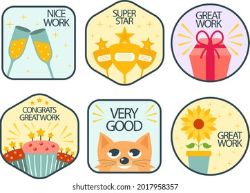 Job and great job stickers logo. School reward, encouragement sign, stamp. Student icon. Success, congrats, excellent work label. Awesome homework, well done. Educational kids design. Vector art. 