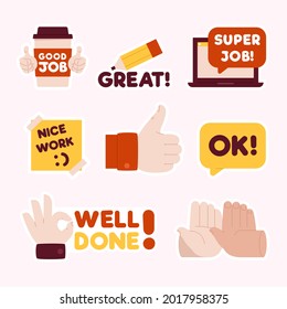 Job and great job stickers logo. School reward, encouragement sign, stamp. Student icon. Success, congrats, excellent work label. Awesome homework, well done. Educational kids design. Vector art. 