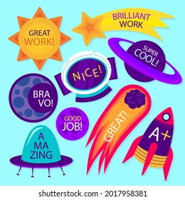 Job and great job stickers logo. School reward, encouragement sign, stamp. Student icon. Success, congrats, excellent work label. Awesome homework, well done. Educational kids design. Vector art. 