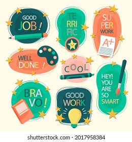 Job and great job stickers logo. School reward, encouragement sign, stamp. Student icon. Success, congrats, excellent work label. Awesome homework, well done. Educational kids design. Vector art. 