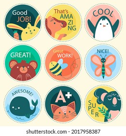 Job And Great Job Stickers Logo. School Reward, Encouragement Sign, Stamp. Student Icon. Success, Congrats, Excellent Work Label. Awesome Homework, Well Done. Educational Kids Design. Vector Art. 