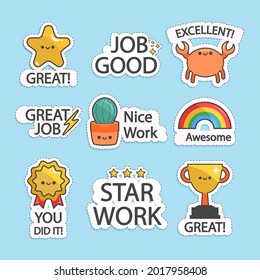 Job and great job stickers logo. School reward, encouragement sign, stamp. Student icon. Success, congrats, excellent work label. Awesome homework, well done. Educational kids design. Vector art. 