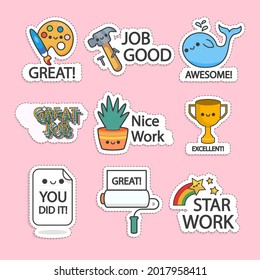 Job and great job stickers logo. School reward, encouragement sign, stamp. Student icon. Success, congrats, excellent work label. Awesome homework, well done. Educational kids design. Vector art. 