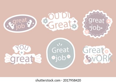 Job and great job stickers logo. School reward, encouragement sign, stamp. Student icon. Success, congrats, excellent work label. Awesome homework, well done. Educational kids design. Vector art. 