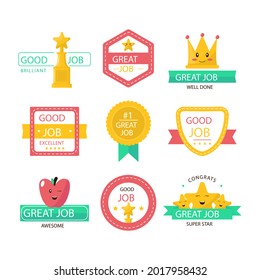 Job and great job stickers logo. School reward, encouragement sign, stamp. Student icon. Success, congrats, excellent work label. Awesome homework, well done. Educational kids design. Vector art. 