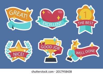 Logo de los stickers de trabajo y trabajo. Recompensa escolar, señal de aliento, sello. Icono de estudiante. Éxito, felicitaciones, excelente etiqueta de trabajo. Increíble tarea, bien hecho. Diseño educativo infantil. Arte vectorial. 