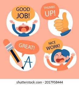 Job and great job stickers logo. School reward, encouragement sign, stamp. Student icon. Success, congrats, excellent work label. Awesome homework, well done. Educational kids design. Vector art. 