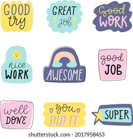 Job and great job stickers logo. School reward, encouragement sign, stamp. Student icon. Success, congrats, excellent work label. Awesome homework, well done. Educational kids design. Vector art. 