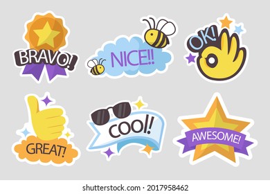 Job and great job stickers logo. School reward, encouragement sign, stamp. Student icon. Success, congrats, excellent work label. Awesome homework, well done. Educational kids design. Vector art. 