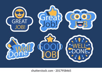 Job and great job stickers logo. School reward, encouragement sign, stamp. Student icon. Success, congrats, excellent work label. Awesome homework, well done. Educational kids design. Vector art. 